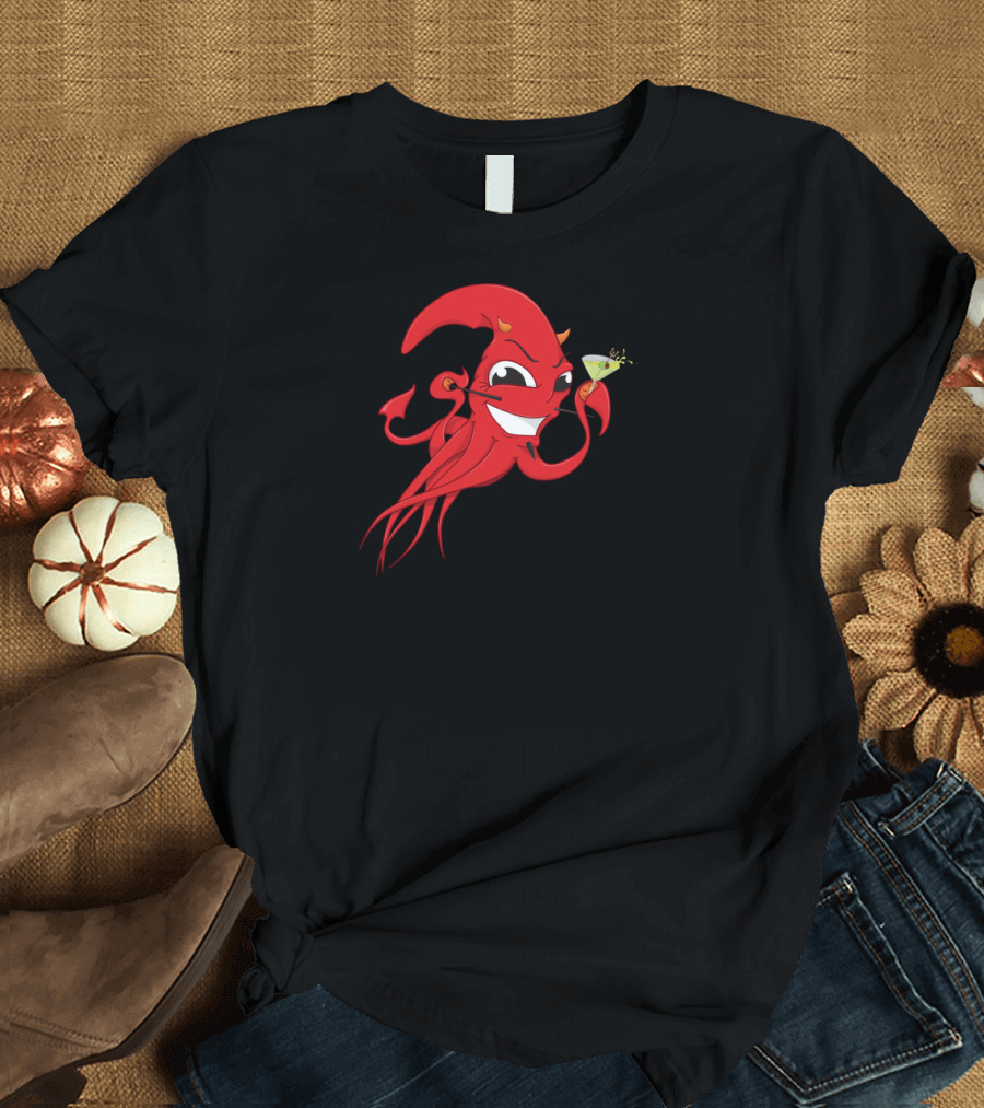 Smiling Red Squid Monster Holding Martini in Last Call of Cthulhu Scene T-Shirt