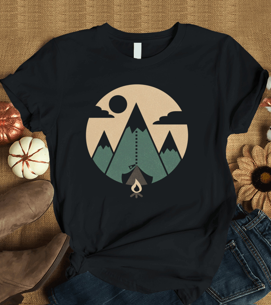 Mountain Tent Under Night Sky with Campfire and Crescent Moon T-Shirt