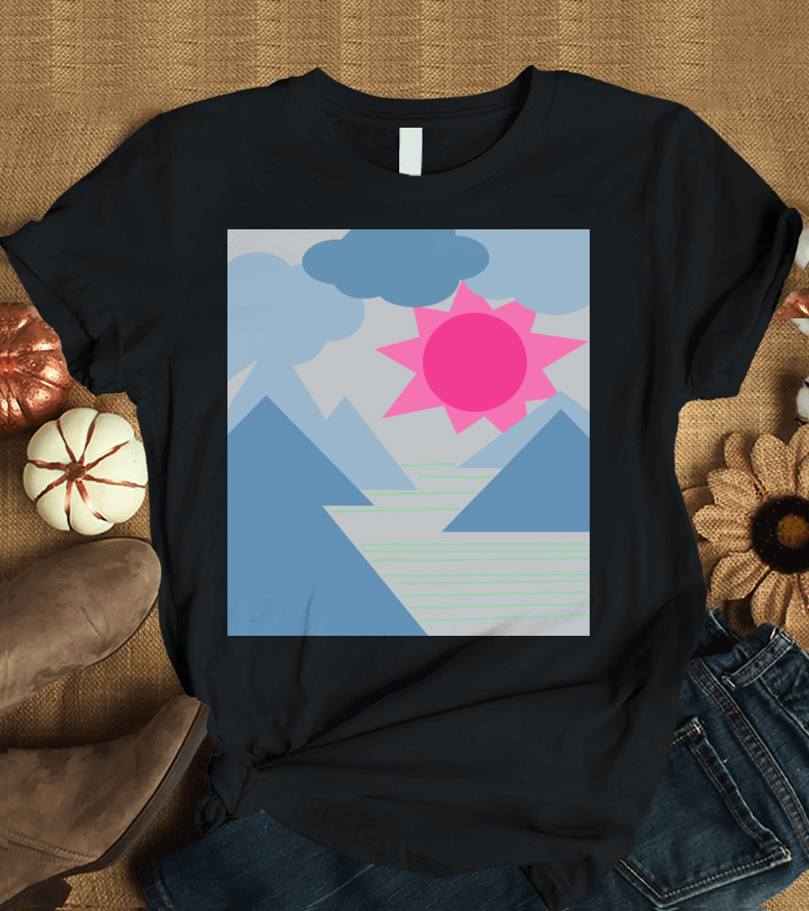 Korean Sunrise Landscape with Blue Mountains and Pink Sun T-Shirt
