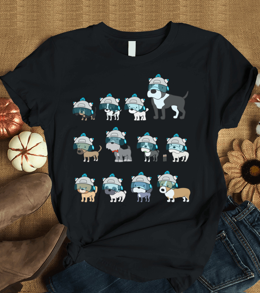 Mick and Rorty Lawnmower Dogs: Futuristic Helmet-Wearing Cartoon Canines T-Shirt