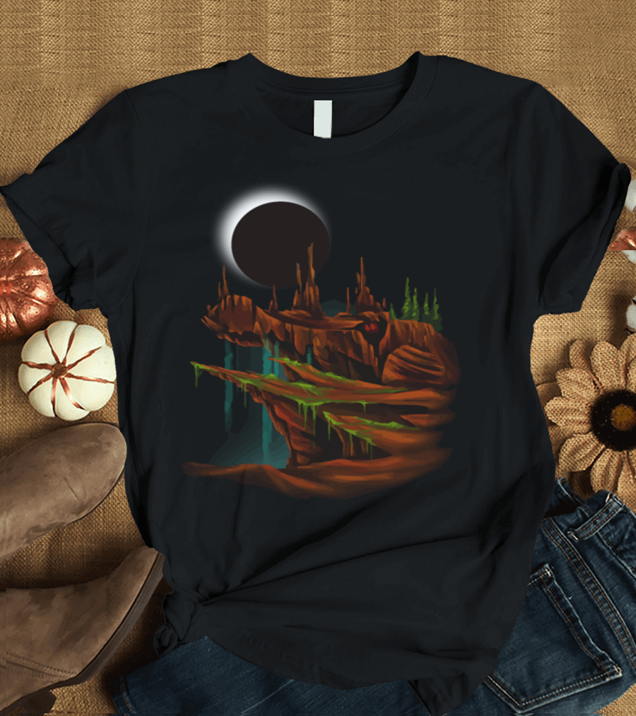 Timeless Eclipse Over Mystical Croc Mountain Landscape T-Shirt