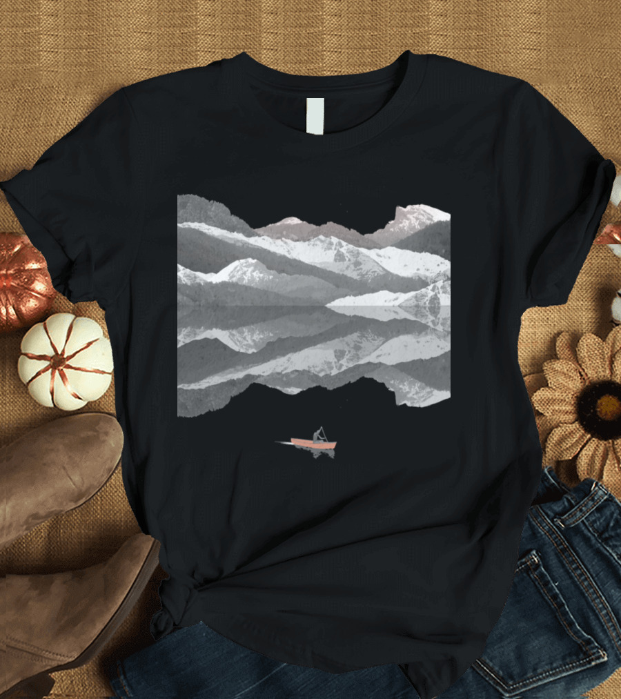 Mountain Lake Reflection with Boat and Snowy Peaks T-Shirt