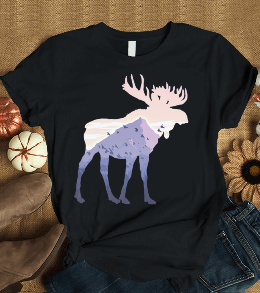 Moose Mountain Silhouette with Nature Landscape and Bird Scene T-Shirt