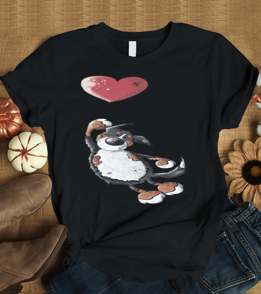Joyful Bernese Mountain Dog Holding Red Heart Balloon T-Shirt