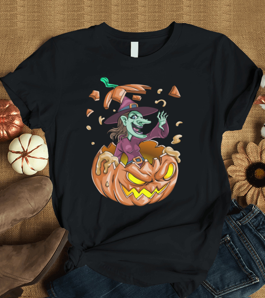 Witch Emerging from Jack-O'-Lantern Pumpkin T-Shirt