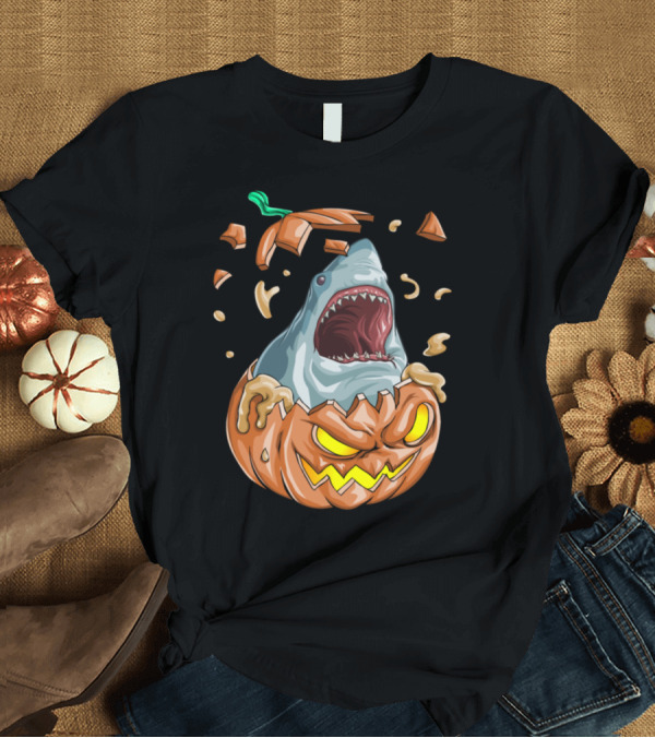 T-Shirt: Shark Bursting from Jack-O'-Lantern Pumpkin T-Shirt Shark Bursting from Jack-O'-Lantern Pumpkin T-Shirt
