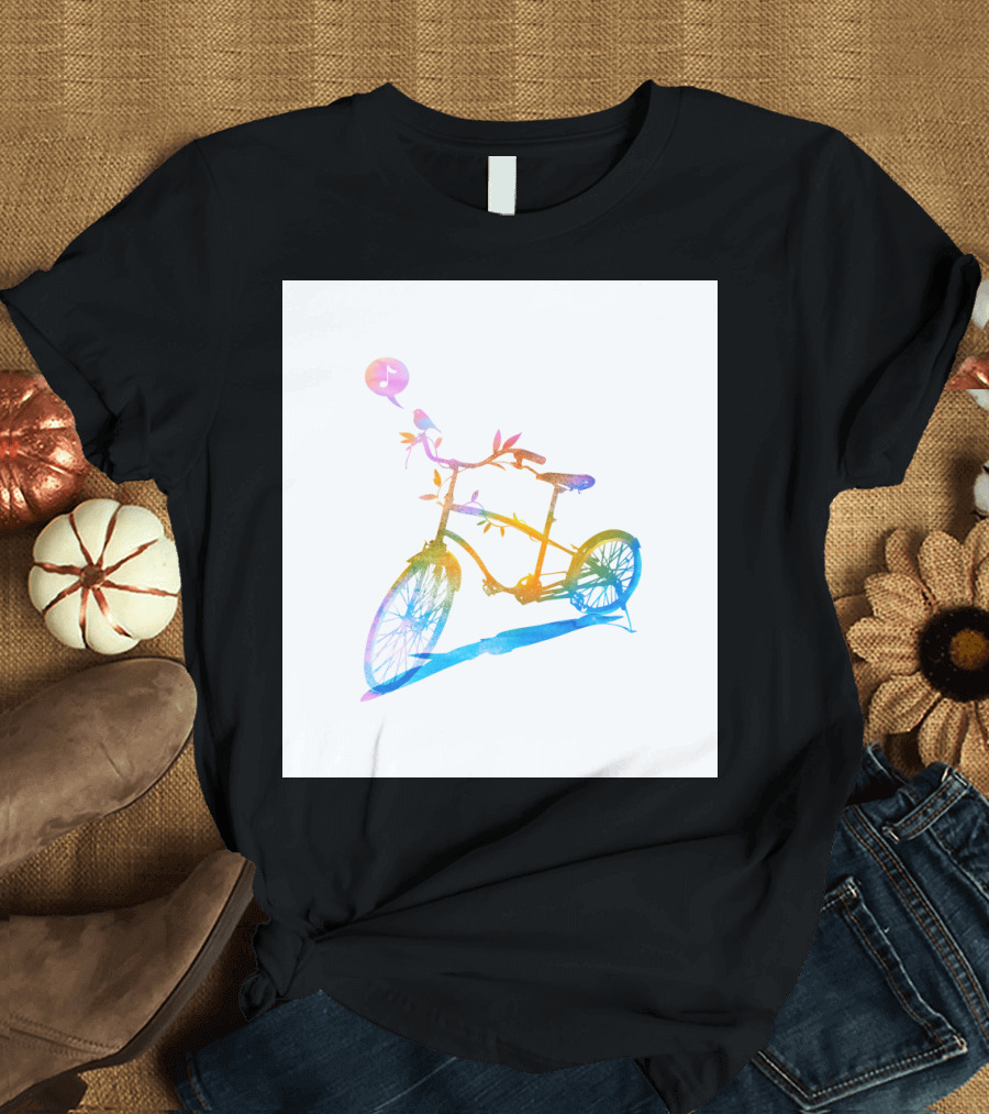 Bicycle with Musical Note and Nature Elements in Rainbow Colors T-Shirt