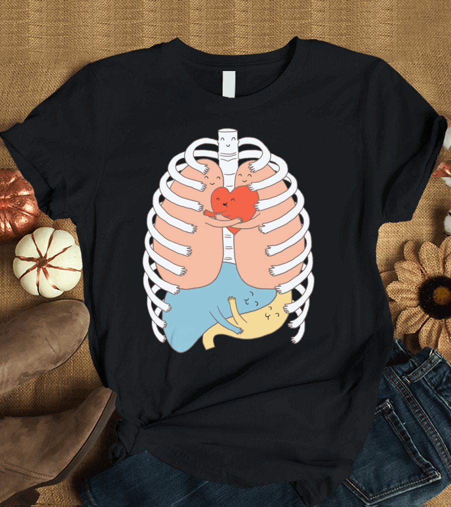 Hugs Keep Us Alive Heart and Lung Embrace Under Rib Cage with Smiling Characters T-Shirt