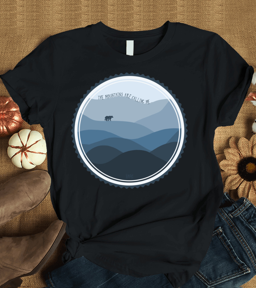The Mountains Are Calling Me Round Bear Silhouette Overlapping Blue Ridges T-Shirt