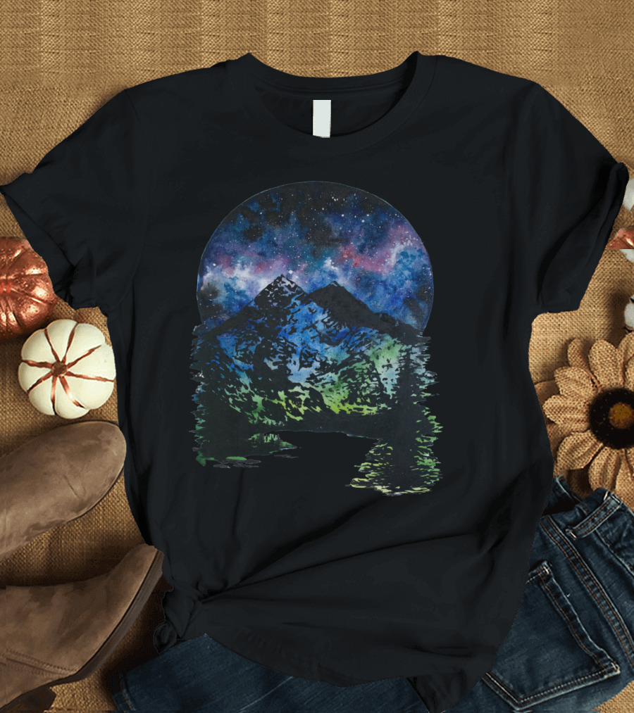 Space Mountain Night Sky and Aurora Over Mountain T-Shirt