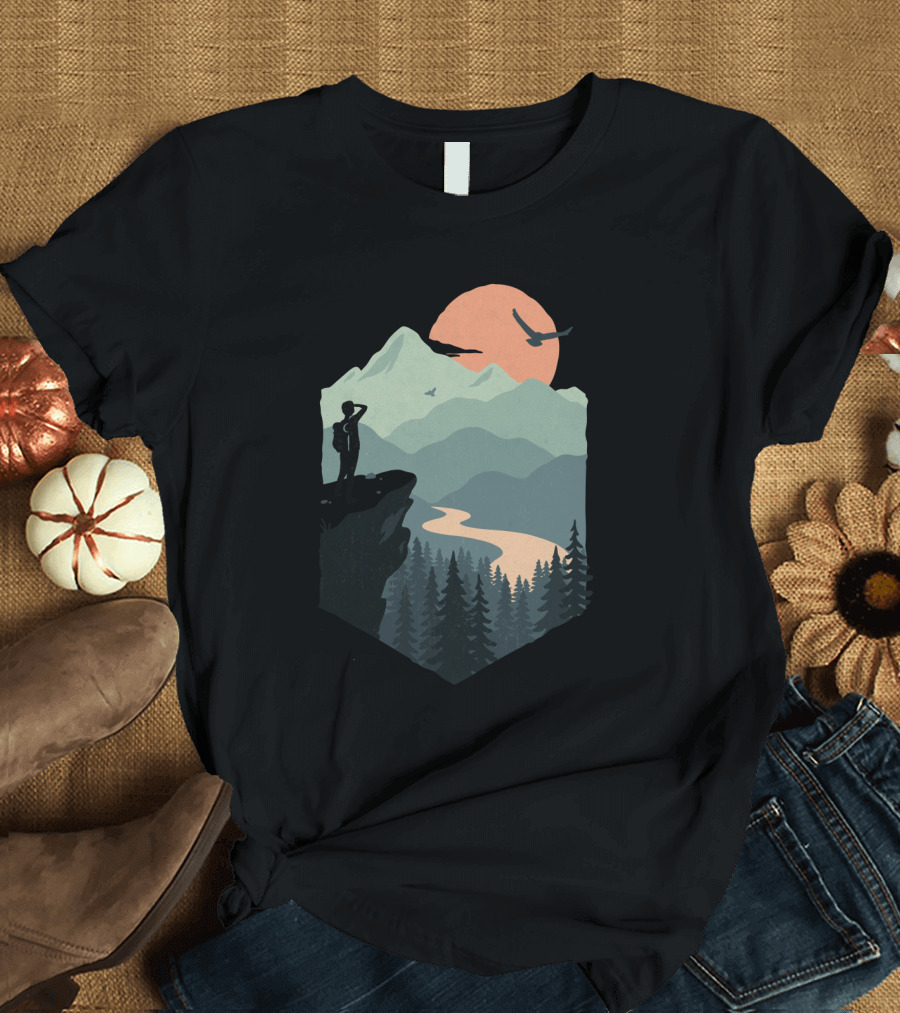 Vast Views Scenic Mountain Sunset with Silhouette and Birds T-Shirt