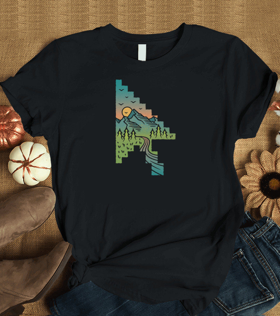 Scenic Pixel Art Landscape with Mountains and Sunset T-Shirt