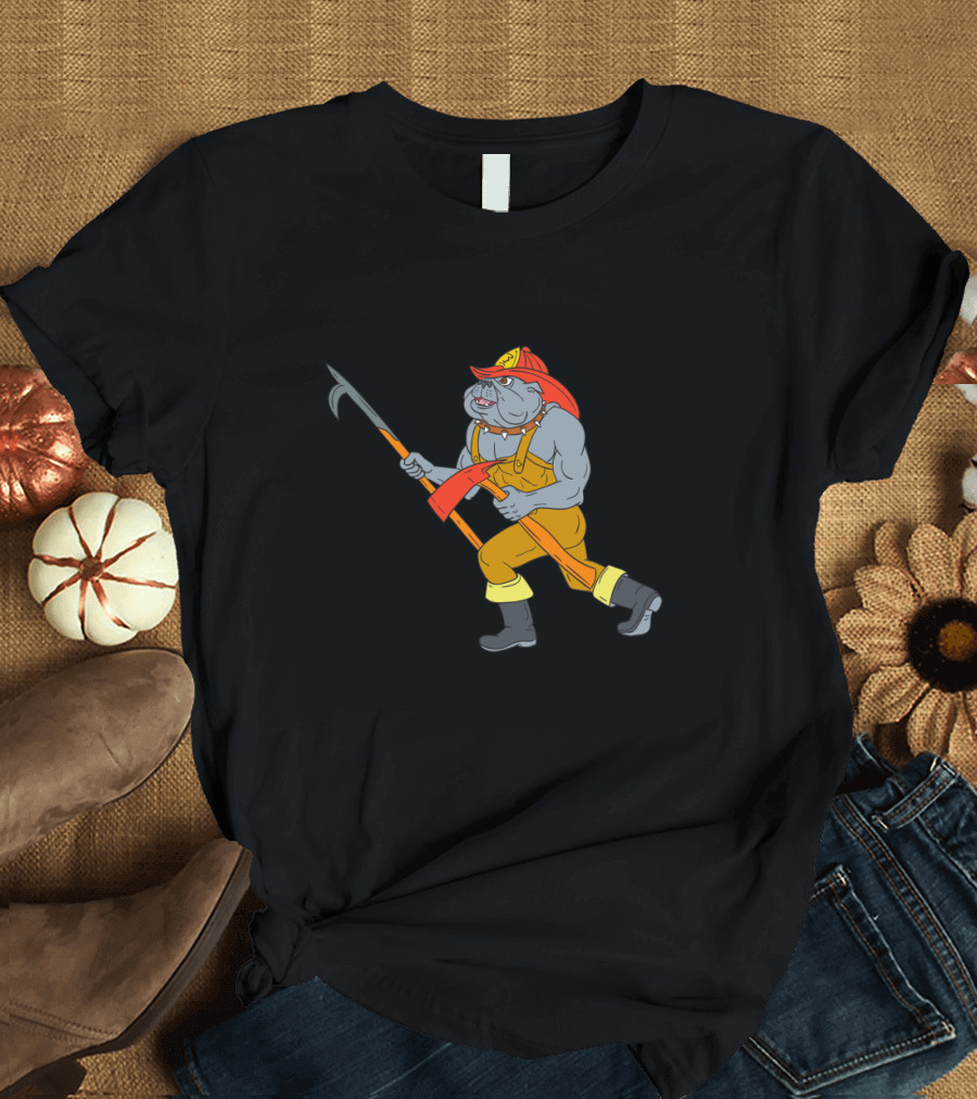Bulldog Firefighter Holding Pike Pole and Fire Axe in Full Gear T-Shirt
