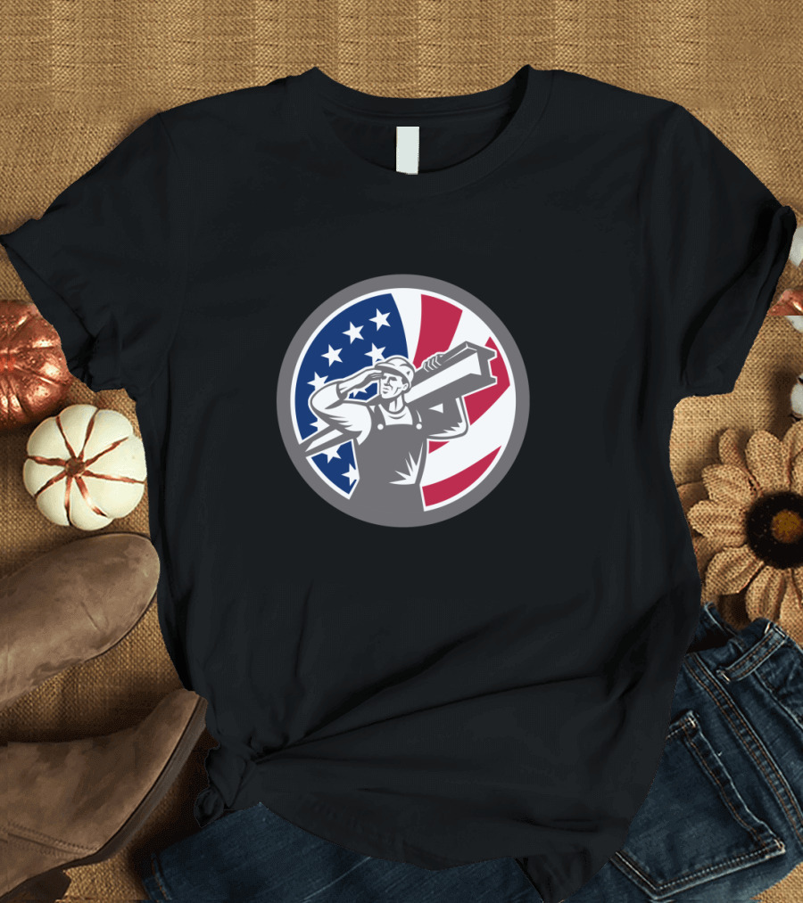 American Worker Carrying Beam with USA Stars and Stripes Background T-Shirt