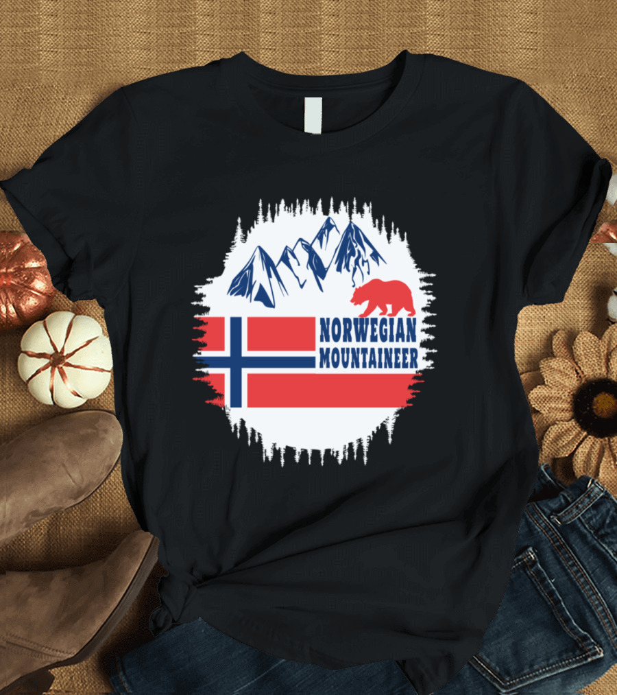 Norwegian Mountaineer Bear and Mountains with Flag T-Shirt