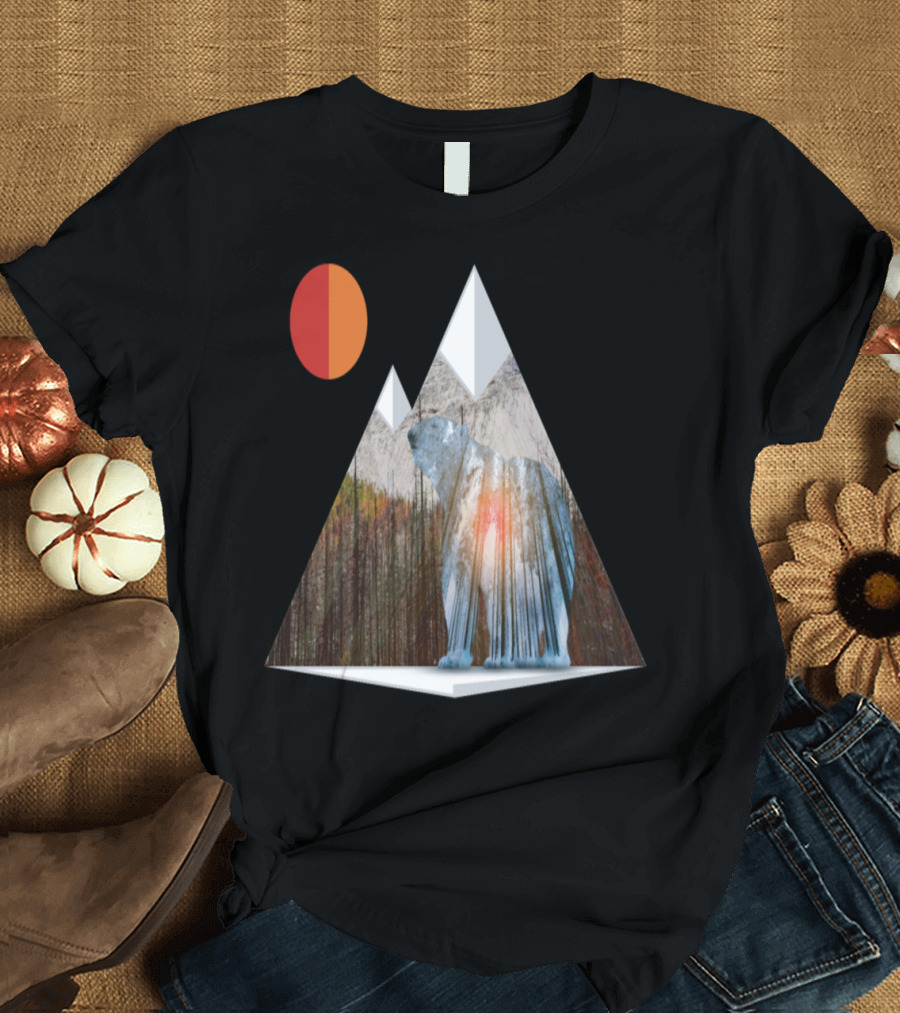 Bear in Mountain Forest Triangle with Red Sun T-Shirt