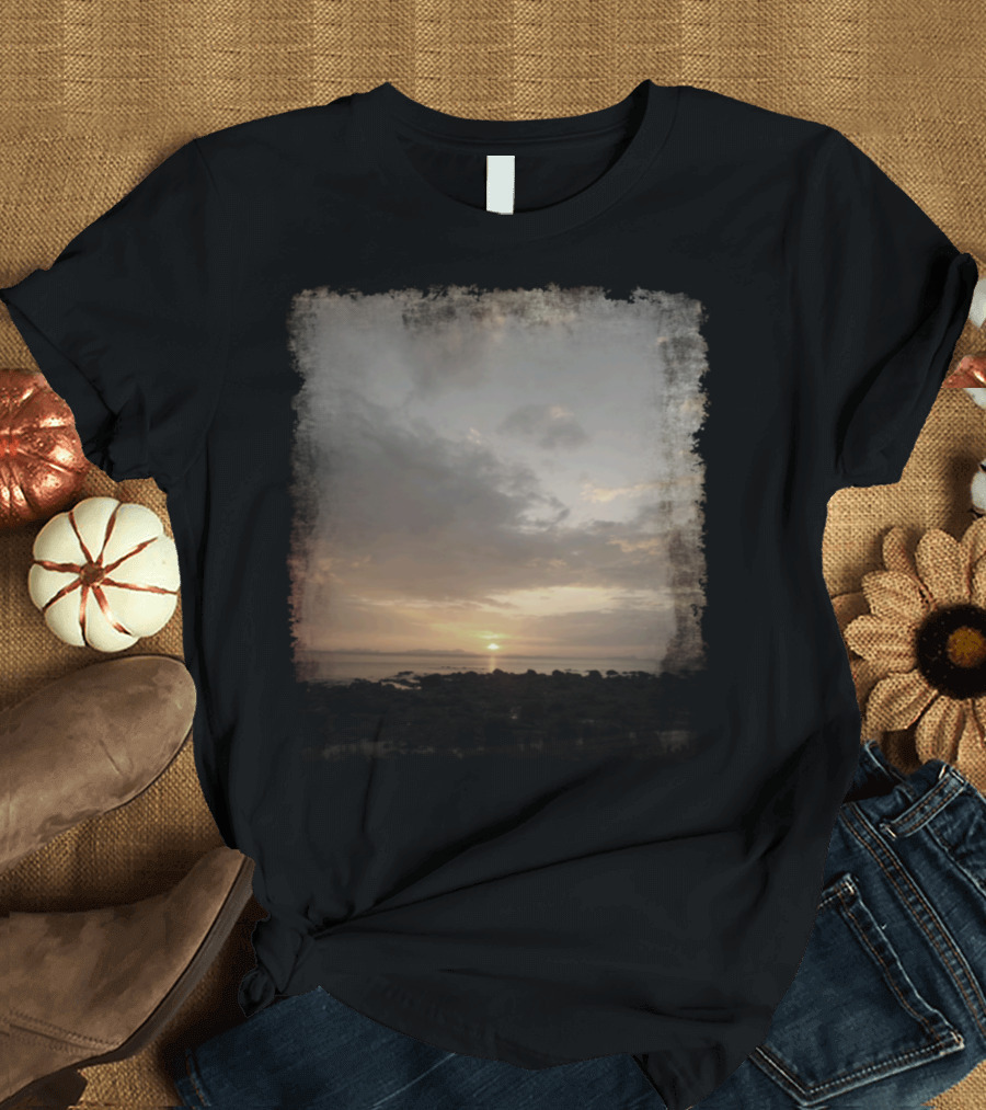 Serene Landscape Capturing Vibrant Clouds and Golden Horizon Over Distant Ocean T-Shirt