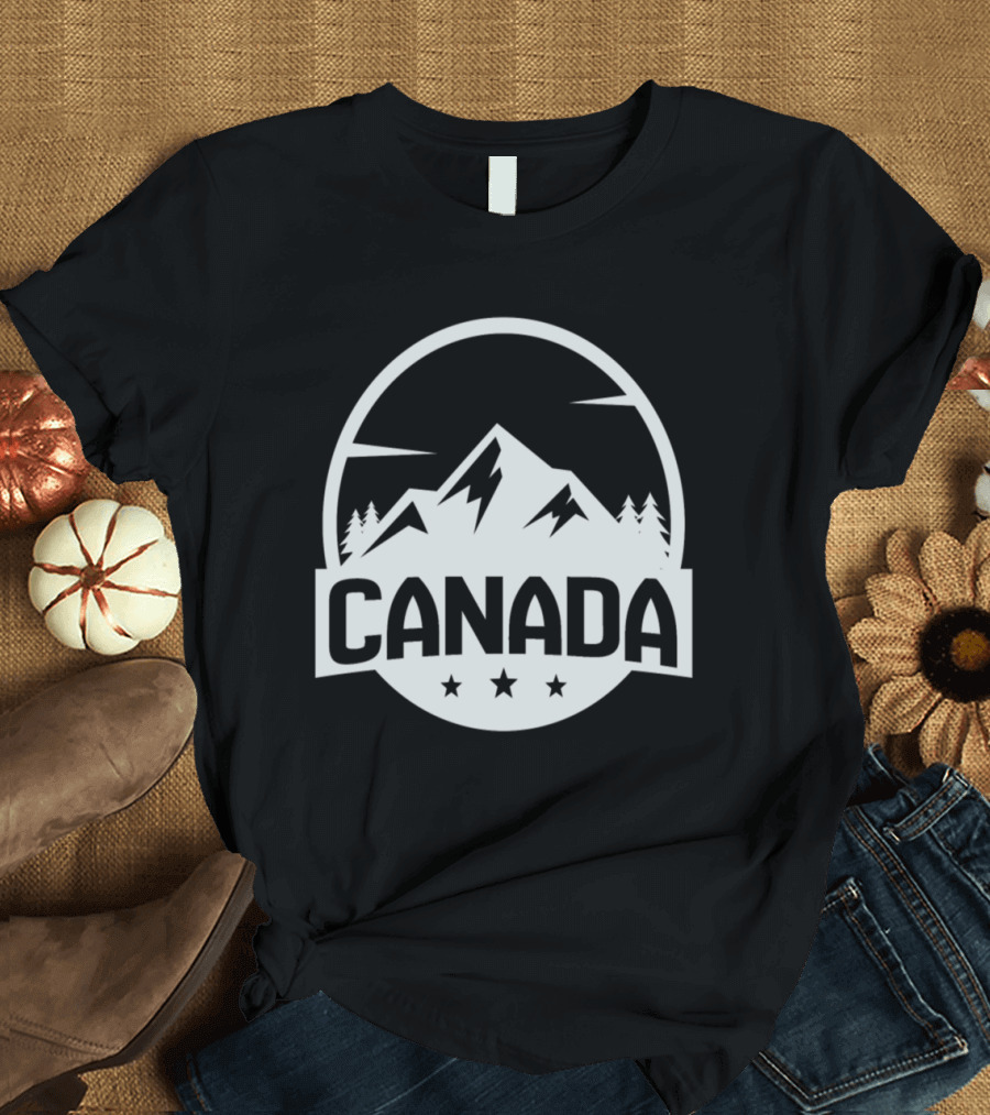 Canada Mountain Landscape Icon with Stars and Pine Trees T-Shirt