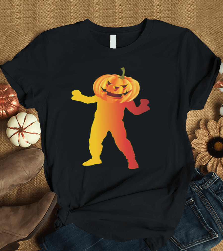 Dancing Halloween Man Pumpkin Silhouette with Jack-o'-Lantern Head T-Shirt