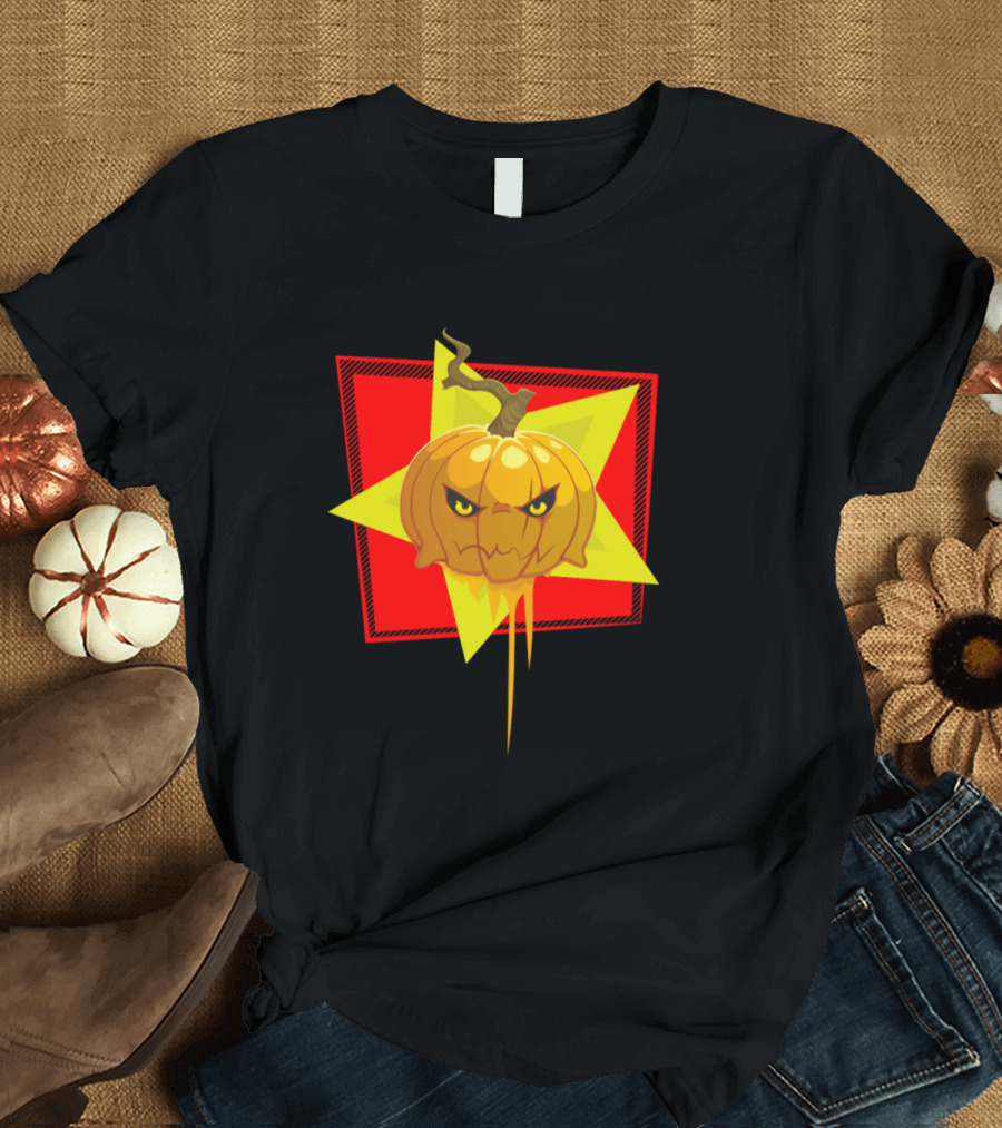 Cool Pumpkin Angry Expression Starburst Background T-Shirt