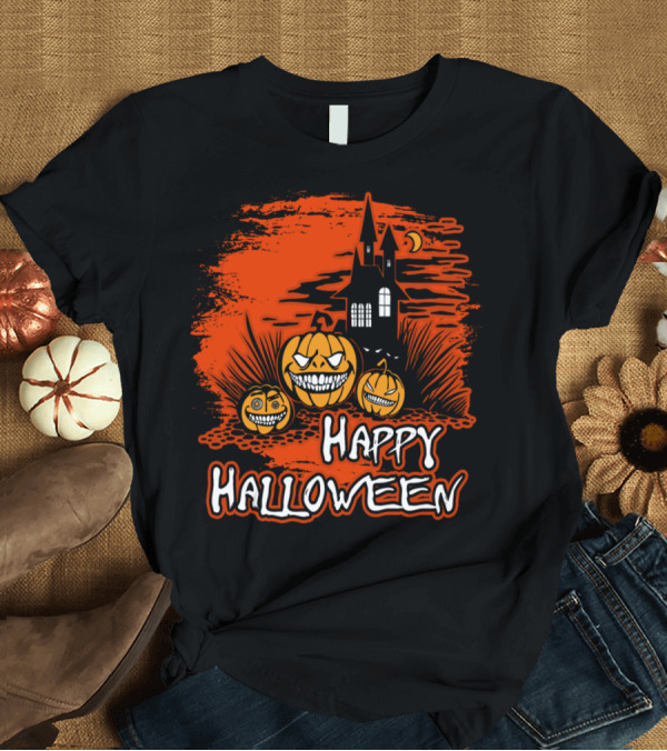 T-Shirt: Happy Halloween Grinning Pumpkins with Haunted House Scene T-Shirt Happy Halloween Grinning Pumpkins with Haunted House Scene T-Shirt