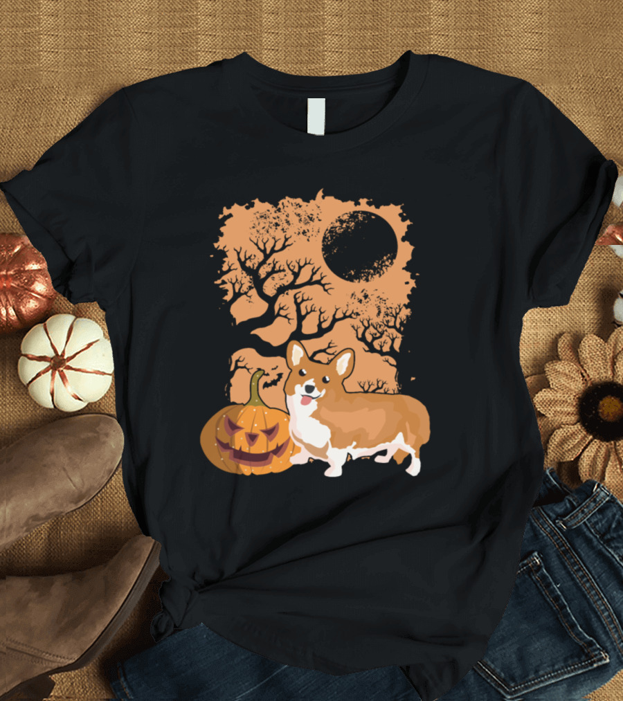 Corgi and Pumpkin under Spooky Tree and Moon T-Shirt