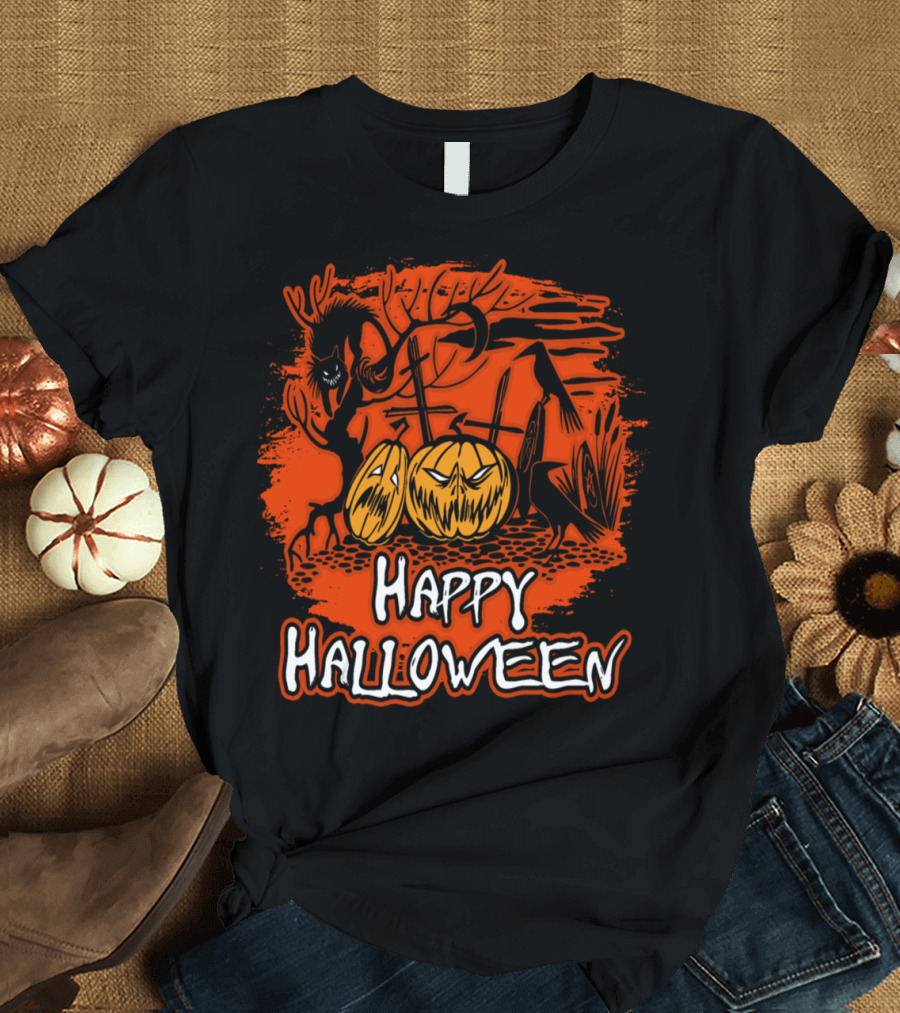 Happy Halloween Pumpkins Black Cat and Spooky Crows T-Shirt