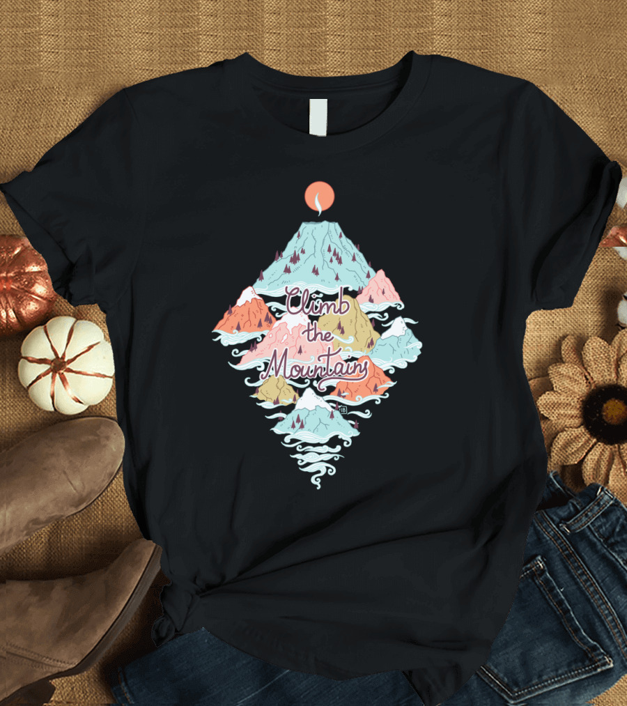 Climb the Misty Mountains Adventure Art with Sun and Peaks T-Shirt