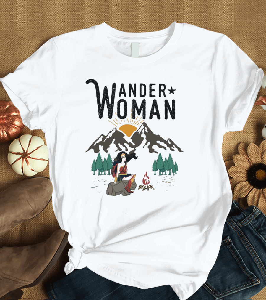 Wander Woman Hiking Adventure Sitting by Campfire with Mountains and Forest T-Shirt