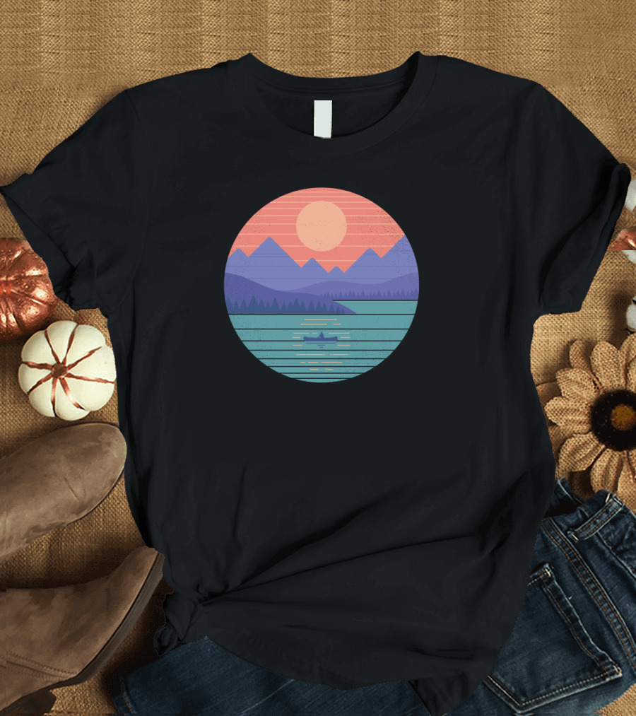 Geometric Sun and Mountain Landscape Over Tranquil Lake with Boat T-Shirt