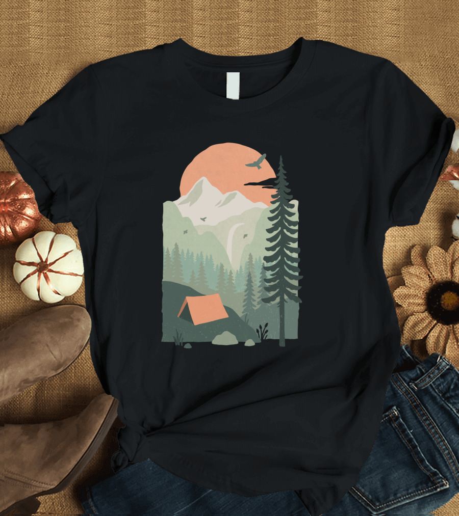 Mountain Campgrounds Scenic Tent Pine Tree Sunset T-Shirt