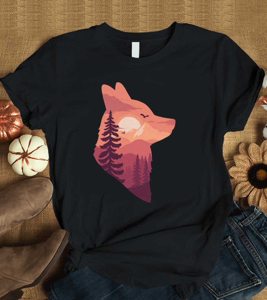The Red Fox Silhouette Sunset Forest Scene with Mountains and Birds T-Shirt