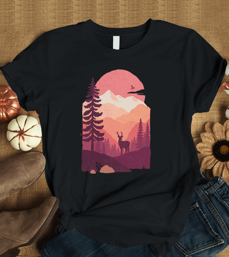 Crimson Peaks Sunset Deer Silhouette Mountain Landscape T-Shirt