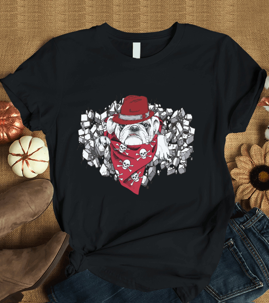 Bulldog in Red Hat and Skull Bandana with Brick Background 'How I Look?' T-Shirt