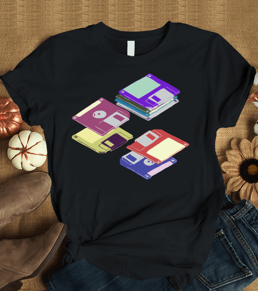 Retro Floppy Disks Colorful Stack in 80s Technology T-Shirt
