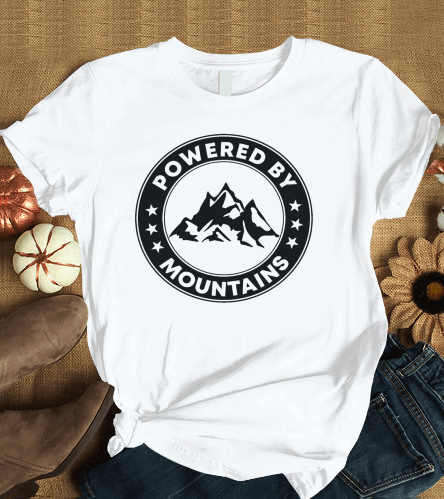 Powered By Mountains Circle Emblem with Stars and Mountain T-Shirt