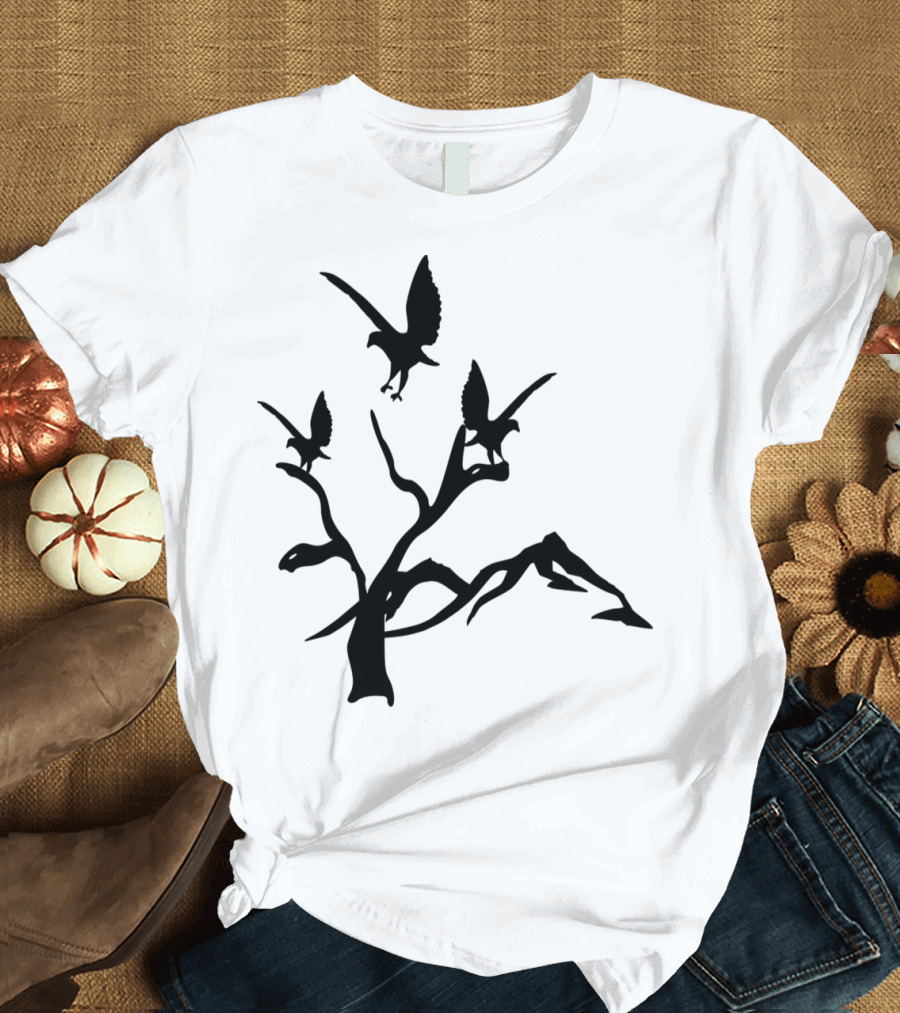 Eagle Silhouettes on Branches Against Mountainous Landscape T-Shirt