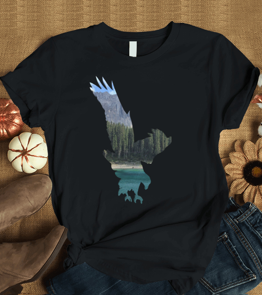 Eagle Silhouette Overlooking Mountain Forest and Lake Landscape T-Shirt