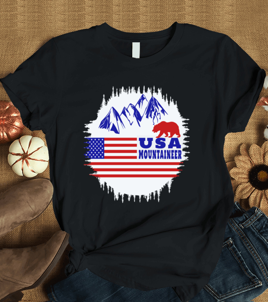 USA Mountaineer Bear and Flag Mountain Scene T-Shirt