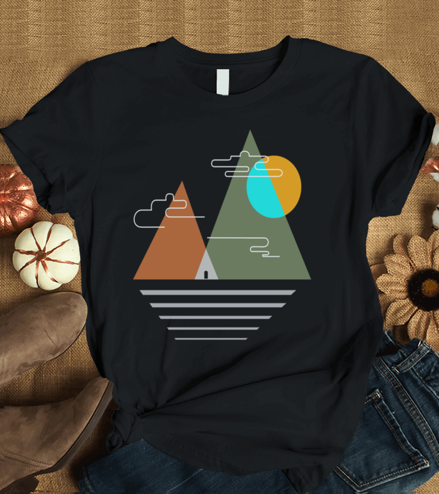 Mountain Camping Adventure with Geometric Sun and Clouds T-Shirt