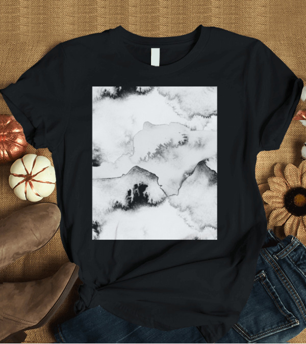 T-Shirt: Monochrome Abstract Mountains and Waves Ink T-Shirt Monochrome Abstract Mountains and Waves Ink T-Shirt