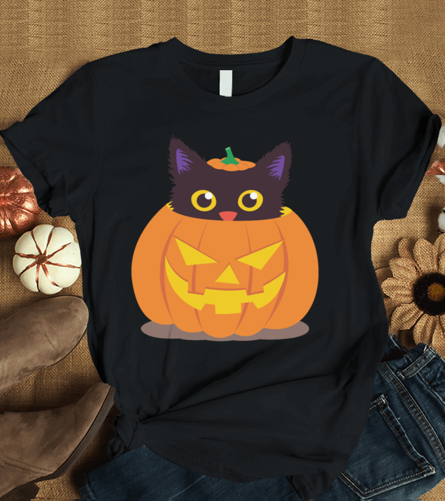Little Kitten in a Pumpkin with Jack-O'-Lantern Face T-Shirt