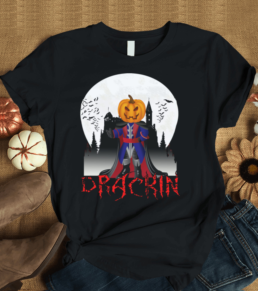 Drackin Pumpkin Dracula in Front of Haunted Castle with Full Moon and Bats T-Shirt
