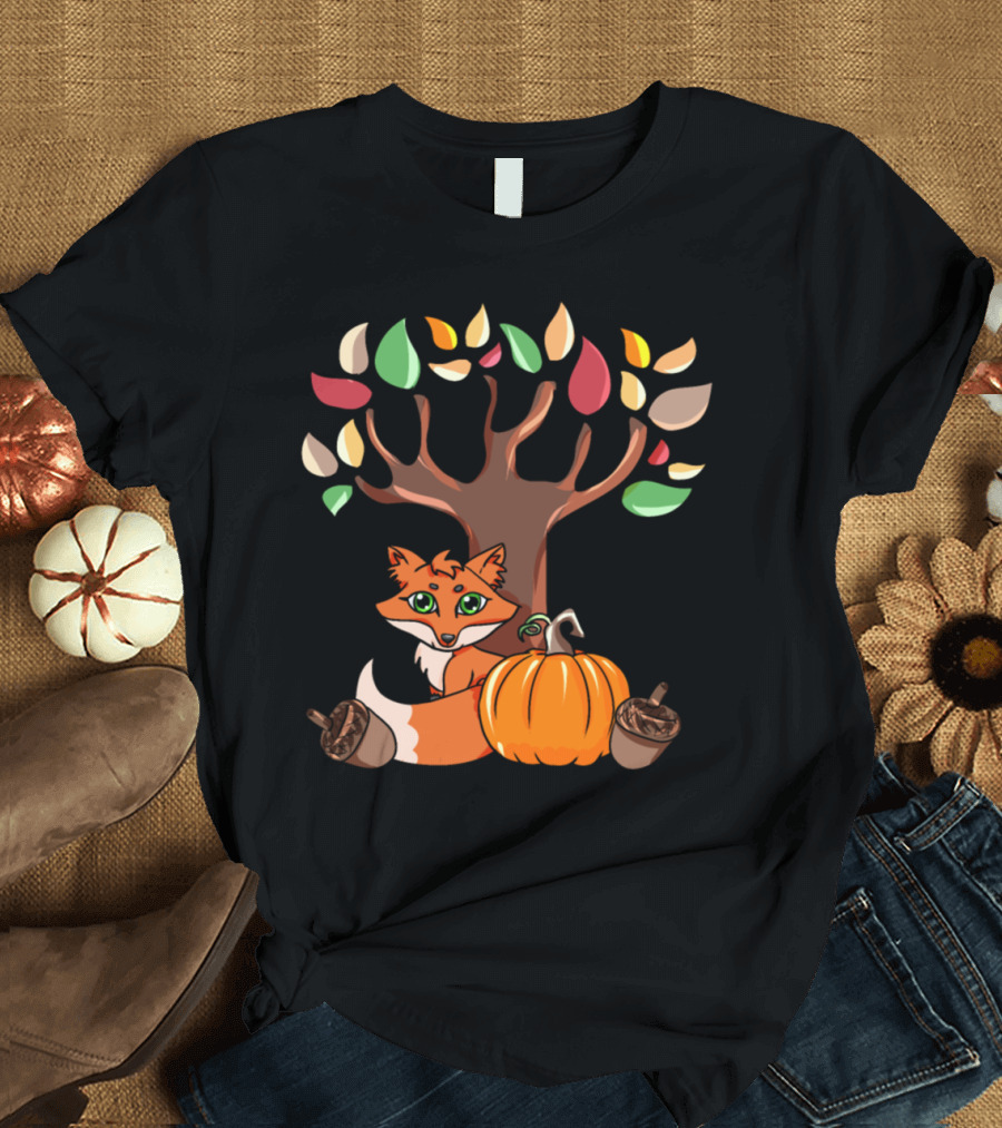 Autumn Tree Fox with Pumpkin and Hazelnuts T-Shirt