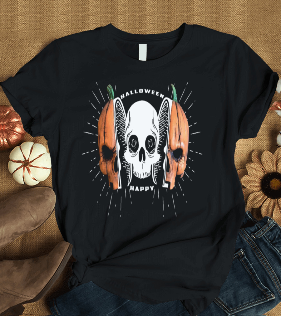 Halloween Happy Skull Split Pumpkin T-Shirt
