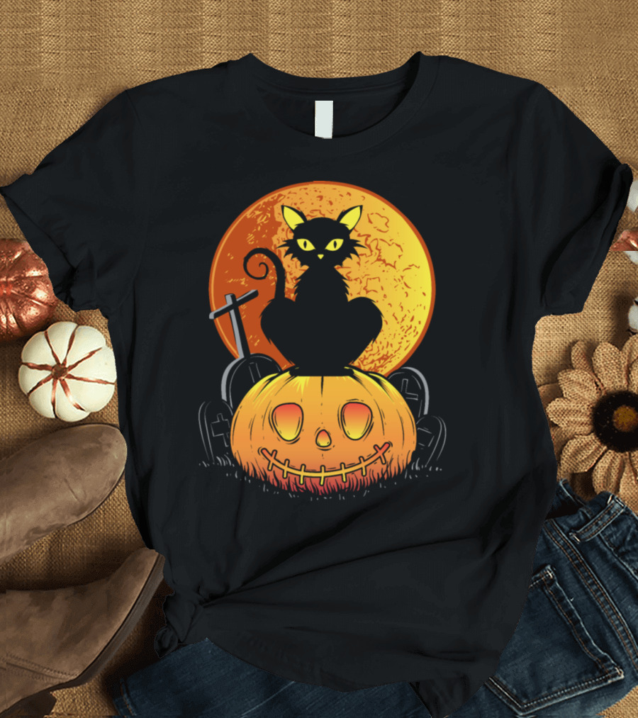 Black Cat on Pumpkin with Moon Halloween T-Shirt