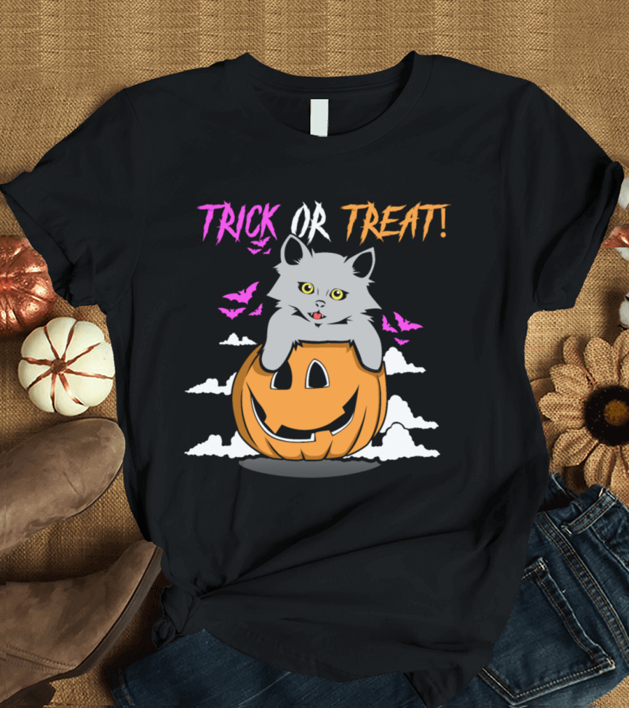 Trick Or Treat Cat in Pumpkin with Bats Halloween T-Shirt