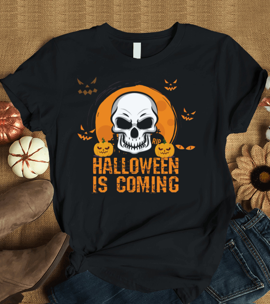 Halloween Is Coming Skull and Pumpkin Moon T-Shirt