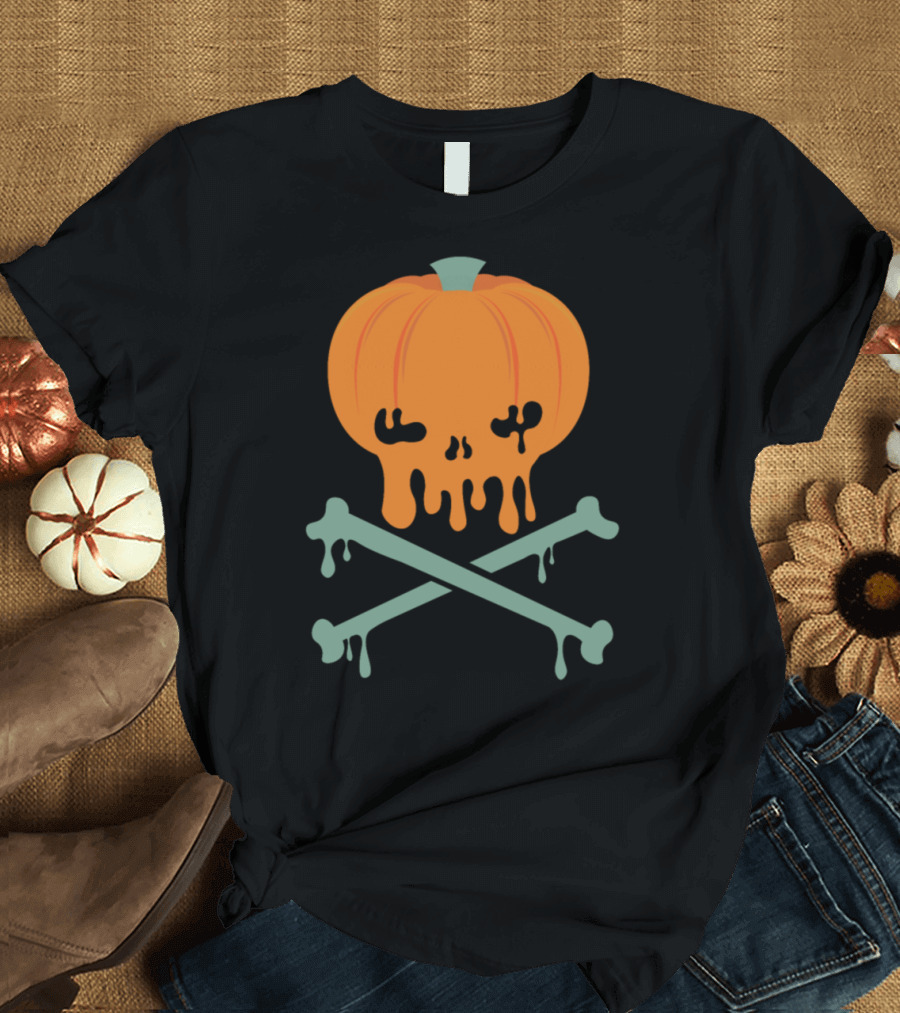 Pumpkin Skull Bones Cross Mad Pumpkin Head T-Shirt