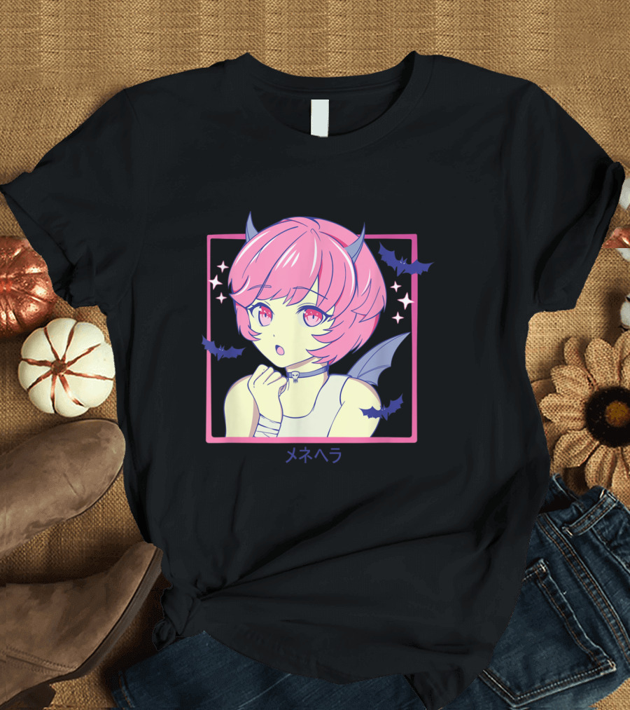 Japanese Anime Girl Punk Evil Pastel Menhera Bat Horns Pink Hair Devil Aesthetic T-Shirt